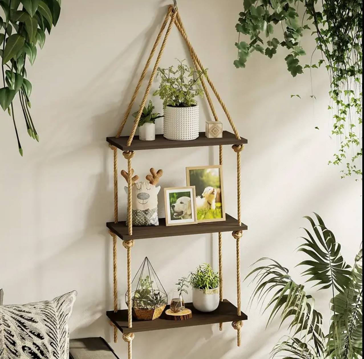 3 Tier Wooden  Floating Shelf / Hanging Rope Organizer Rack