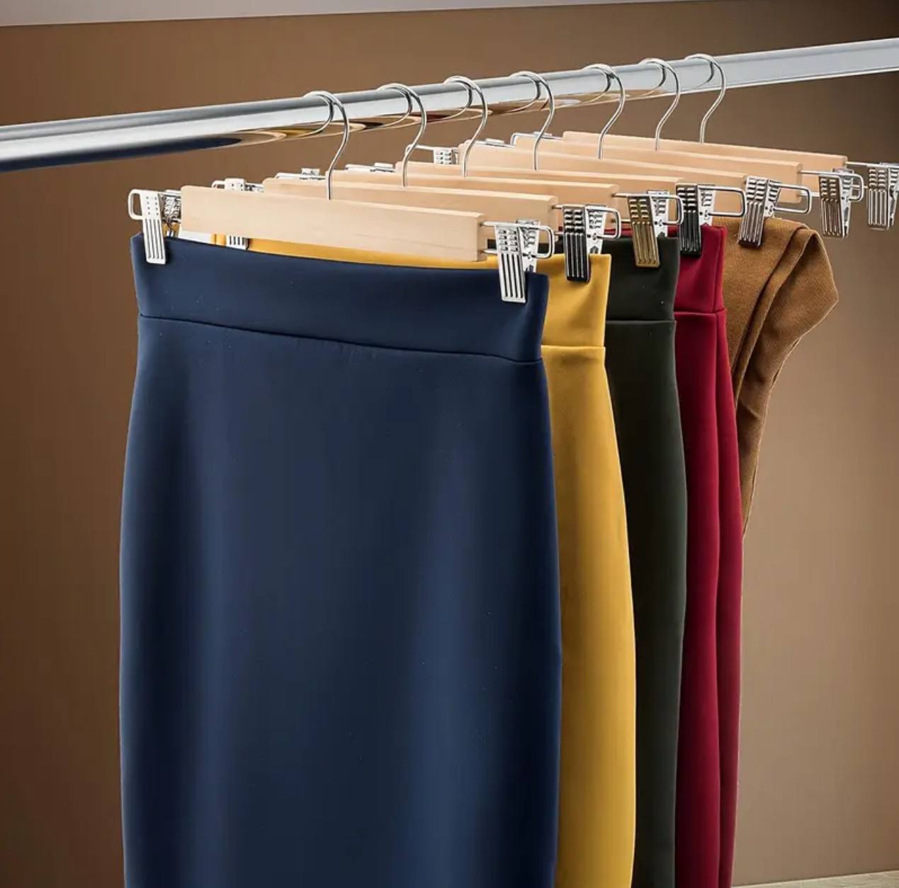 5pc High Grade Natural Wooden Hangers Skirt Pants Hangers with Clips and 360° Swivel Hook