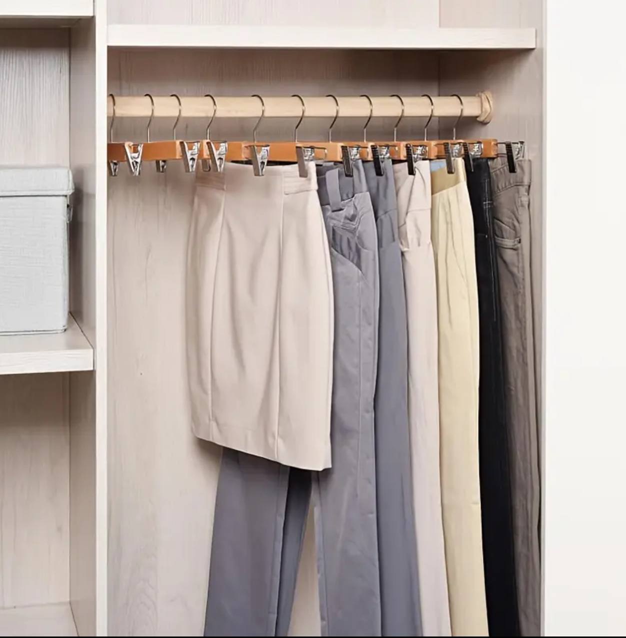 5pc High Grade Natural Wooden Hangers Skirt Pants Hangers with Clips and 360° Swivel Hook