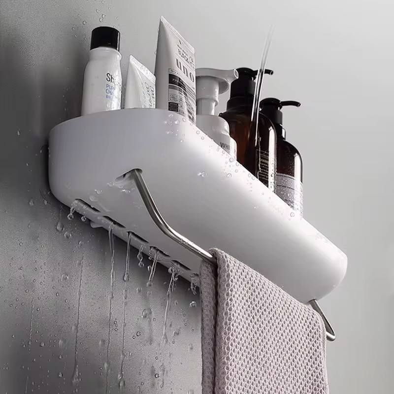 Wall mounted self adhesive shower caddy shelf with towel rail