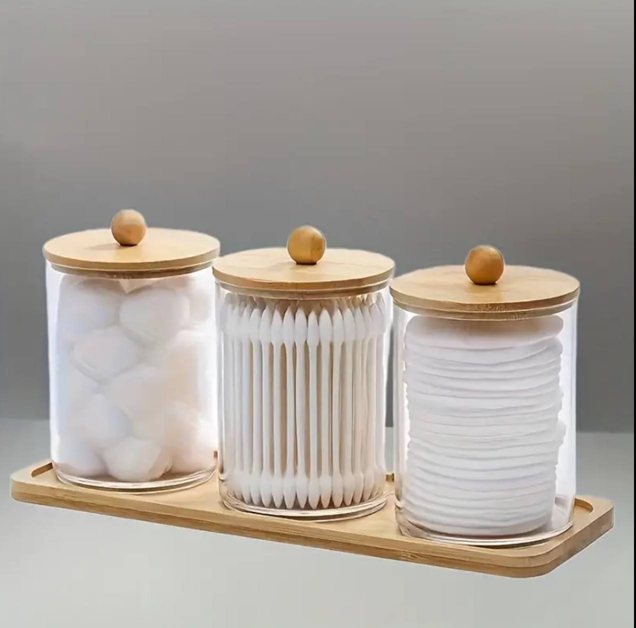 3pcs set acrylic swab storage organizer with Bamboo holder