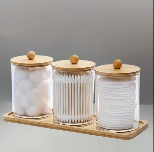 3pcs set acrylic swab storage organizer with Bamboo holder