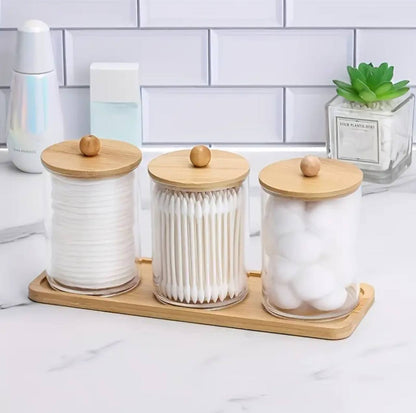 3pcs set acrylic swab storage organizer with Bamboo holder