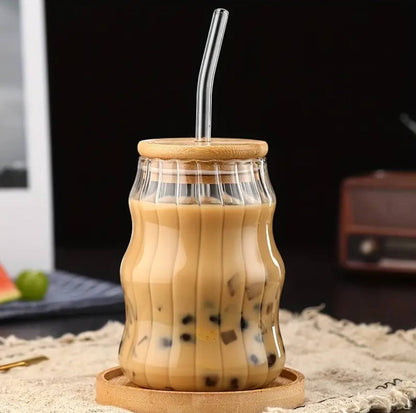 500ml striped glass cup with bamboo lid