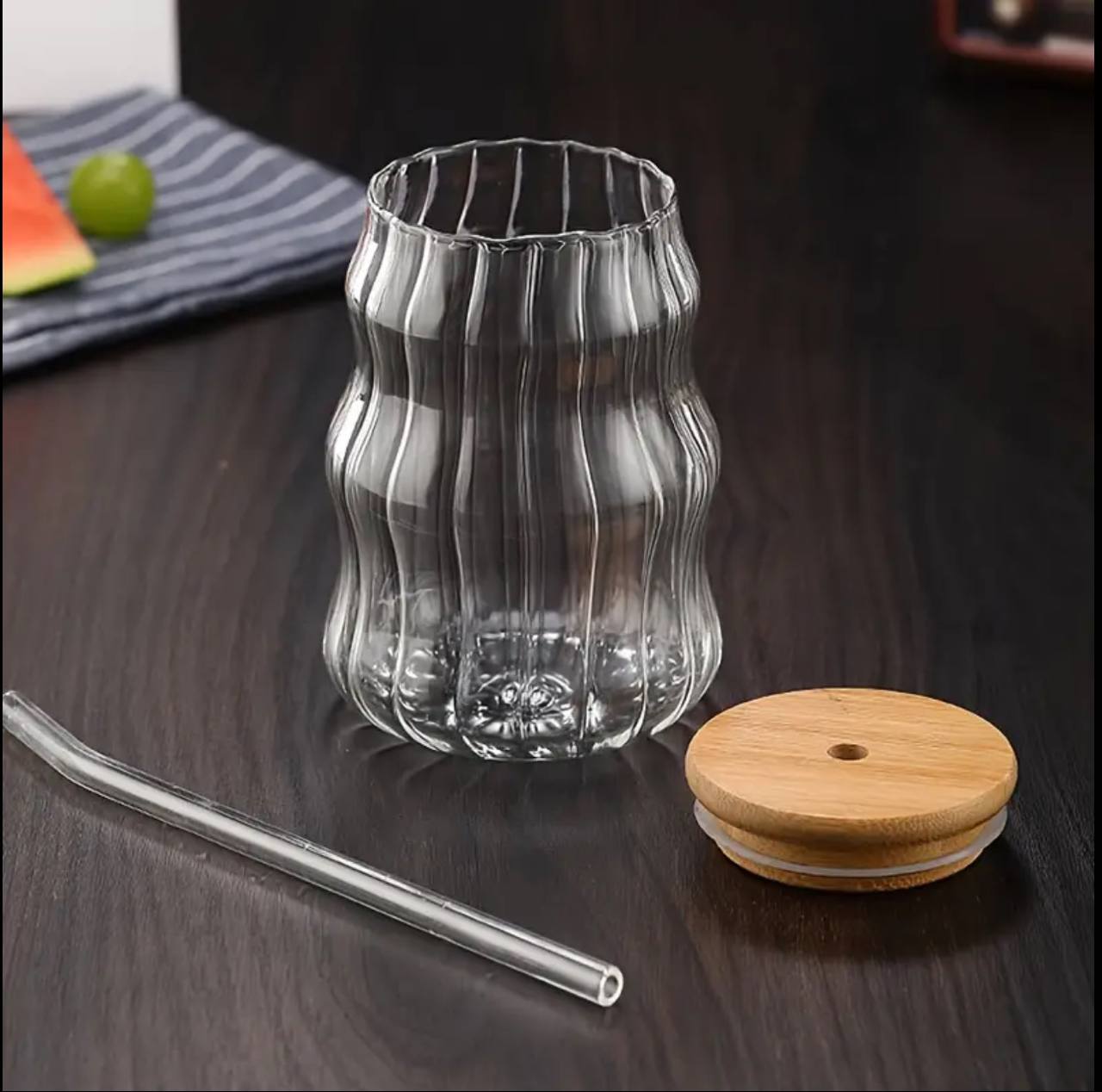 500ml striped glass cup with bamboo lid