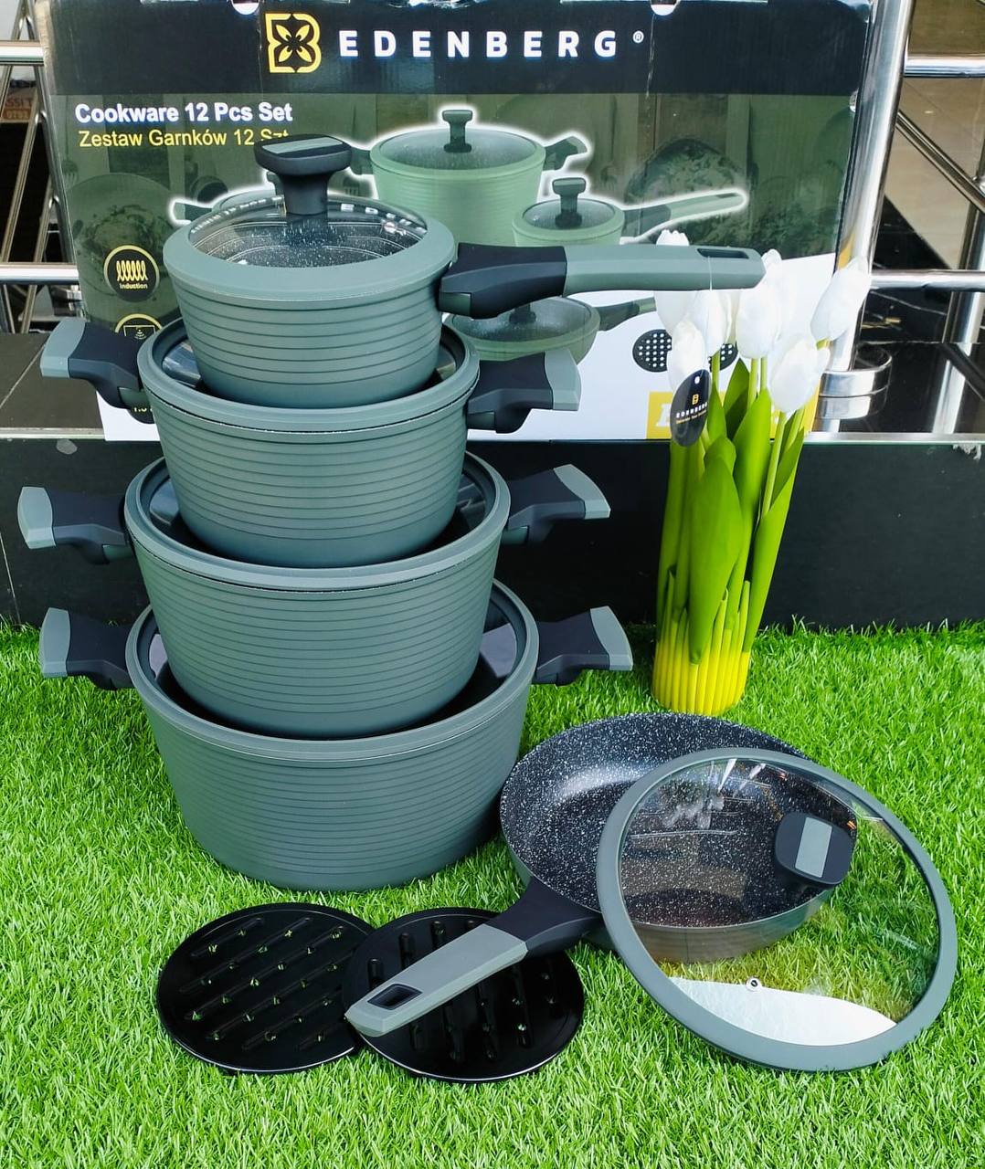 12pcs Jungle Green Edenburg  Nonstick cookware set