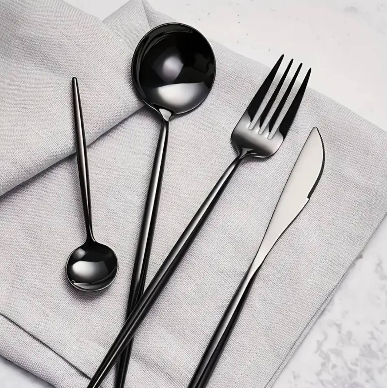 30Pc Black Stainless Cutlery Set