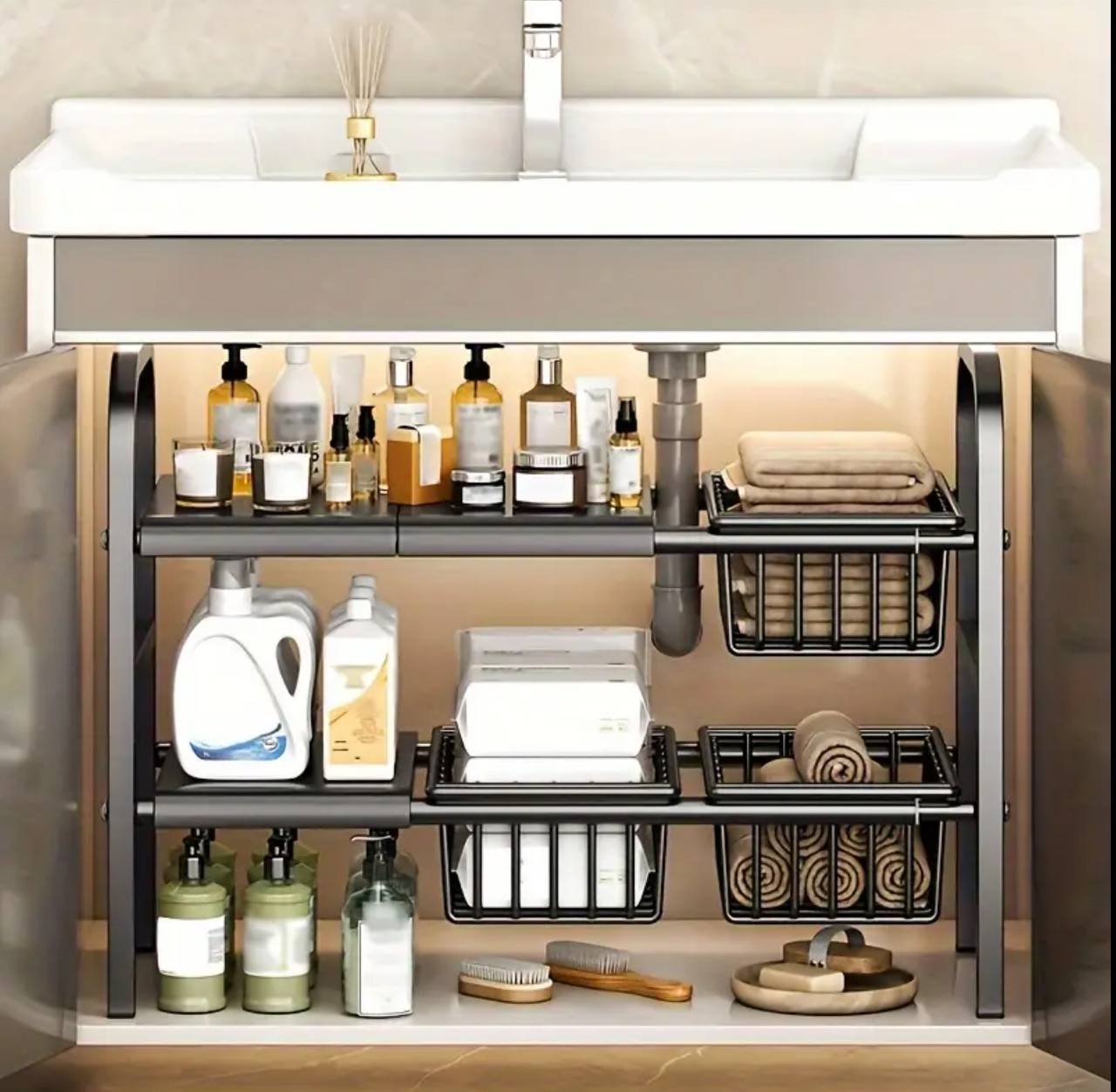 Under the sink adjustable 2 tier rack