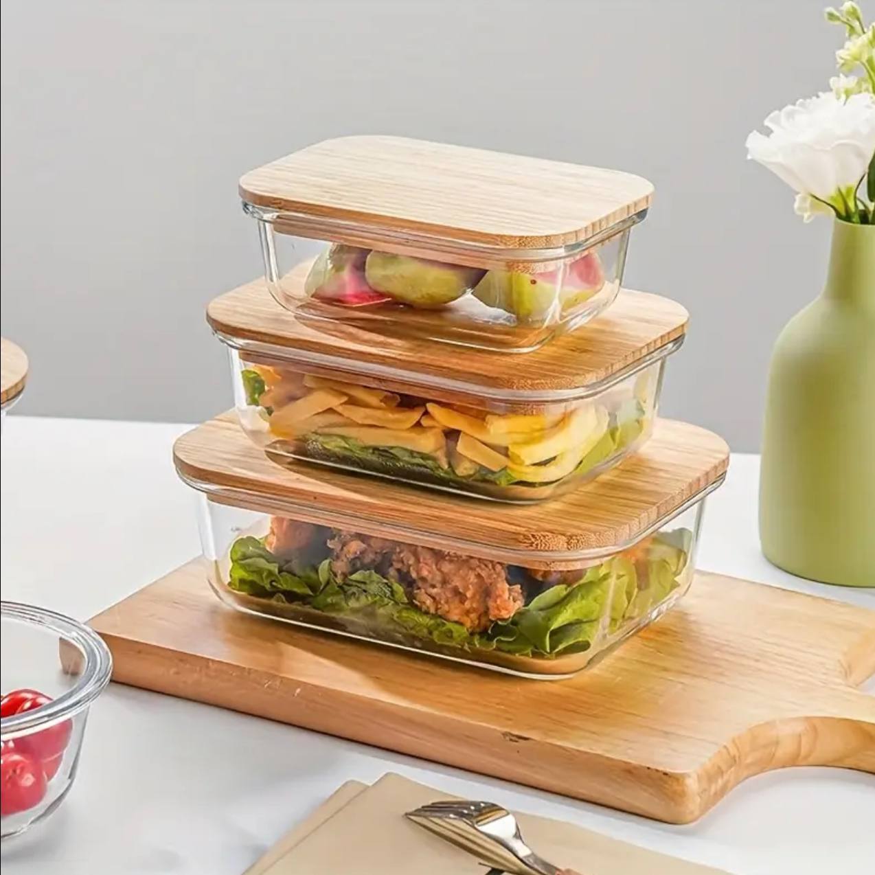 3pcs glass bowl storage containers with bamboo