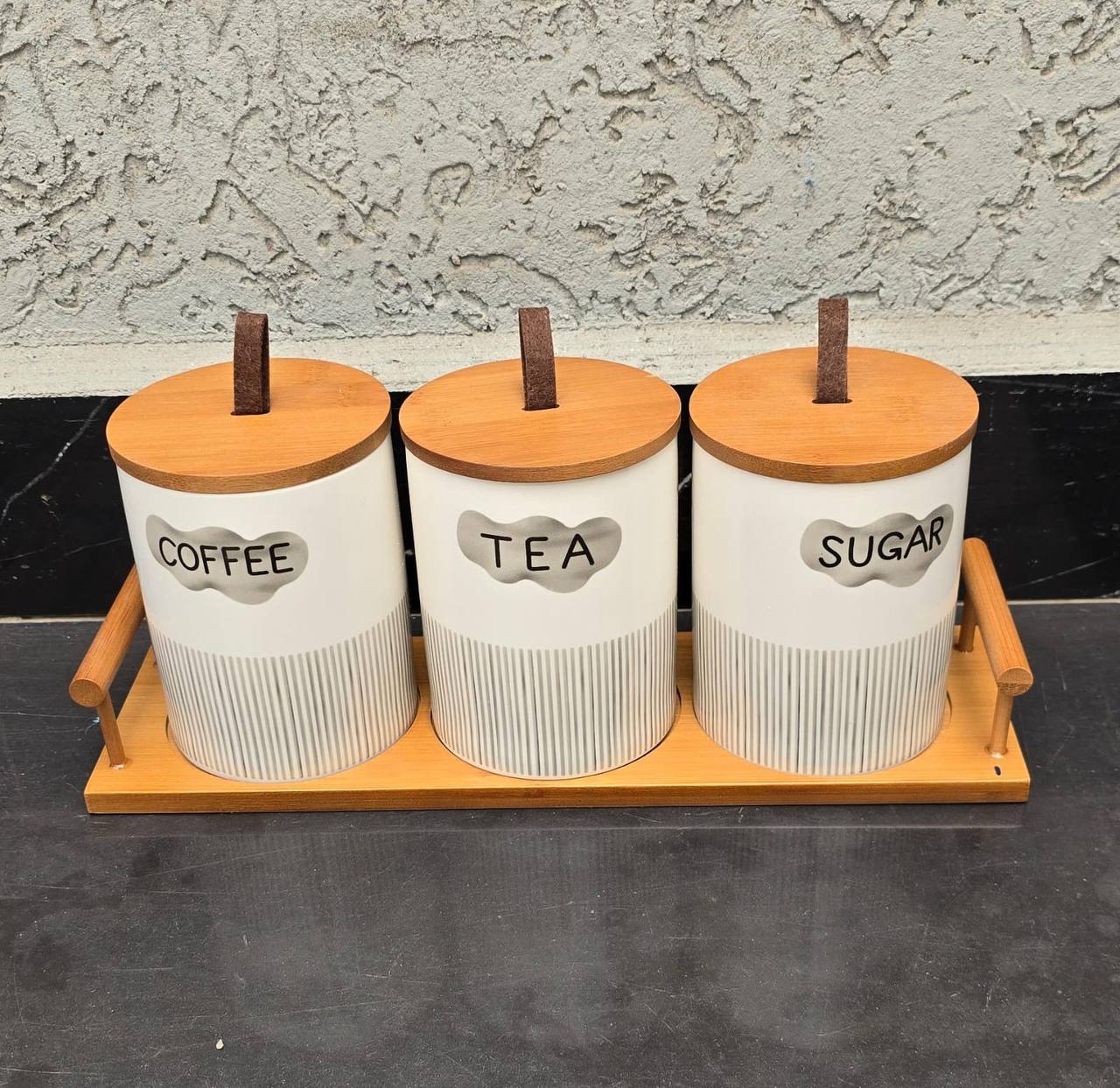 3pcs Ceramic Canisters Set  with Bamboo Stand