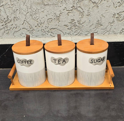 3pcs Ceramic Canisters Set  with Bamboo Stand