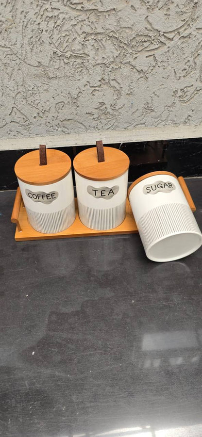 3pcs Ceramic Canisters Set  with Bamboo Stand