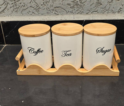 3pcs Ceramic Canisters Set  with Bamboo Stand