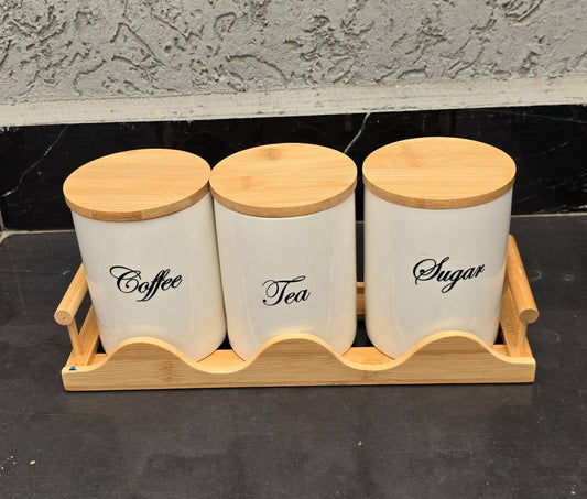 3pcs Ceramic Canisters Set  with Bamboo Stand