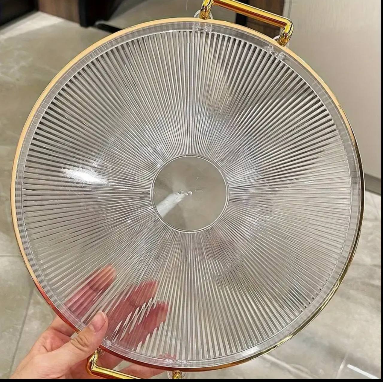 Acrylic Round Vanity Tray with Gold Handles