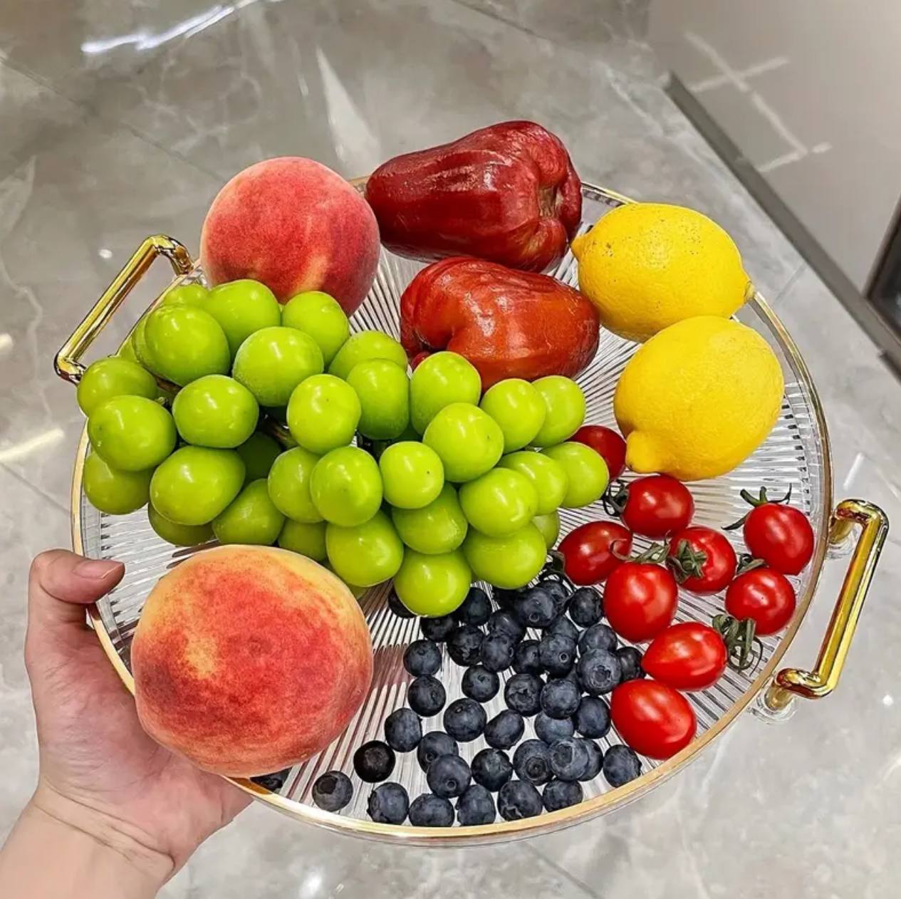 Acrylic Round Vanity Tray with Gold Handles