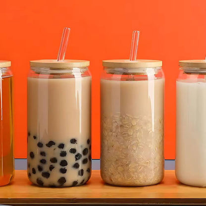 500ml Glass Cup With Lid and Straw