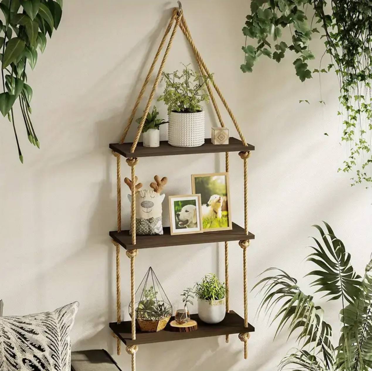 3 Tier Wooden  Floating Shelf / Hanging Rope Organizer Rack