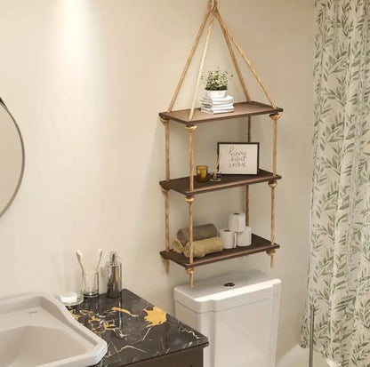 3 Tier Wooden  Floating Shelf / Hanging Rope Organizer Rack