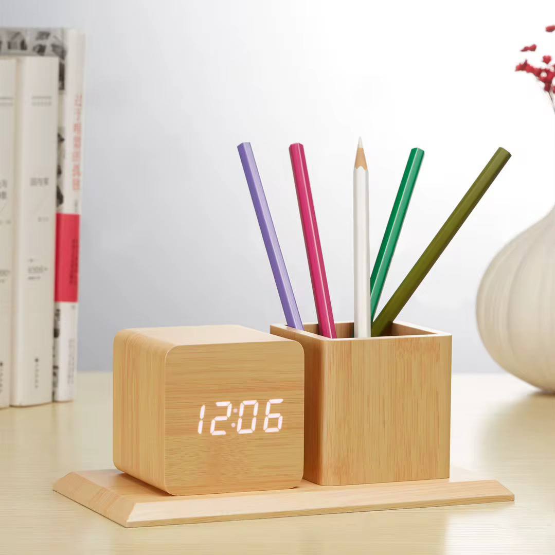 Wooden Desk Organizer with clock