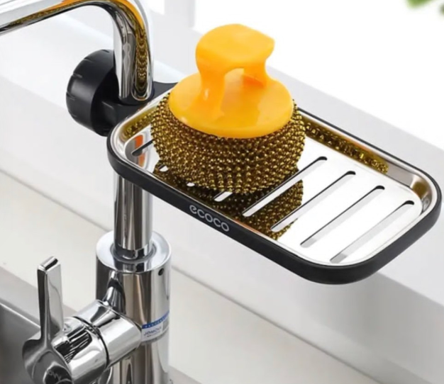 Adjustable sink faucet storage rack