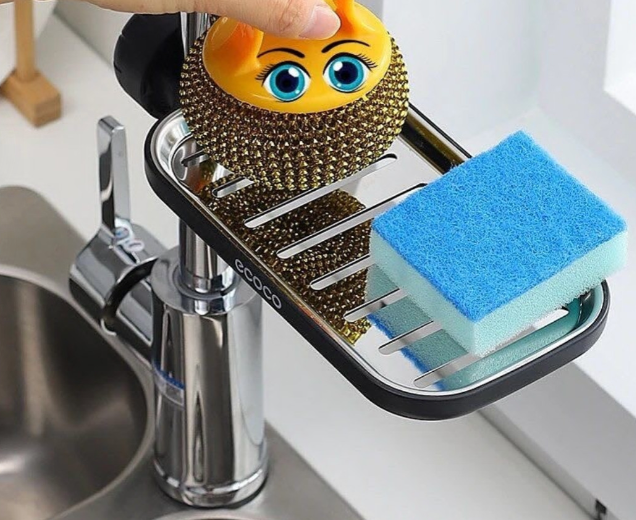 Adjustable sink faucet storage rack