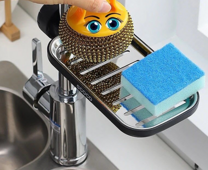 Adjustable sink faucet storage rack