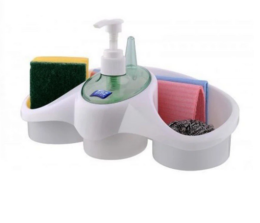 Kitchen soap dispenser and sponge holder