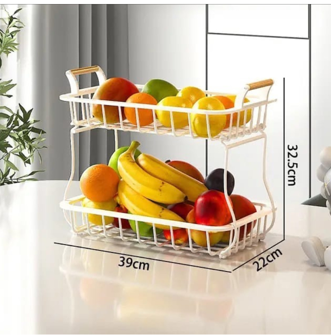 2 tier detachable Nordic metallic fruit/vegetable basket/rack with wooden handles and banana holder