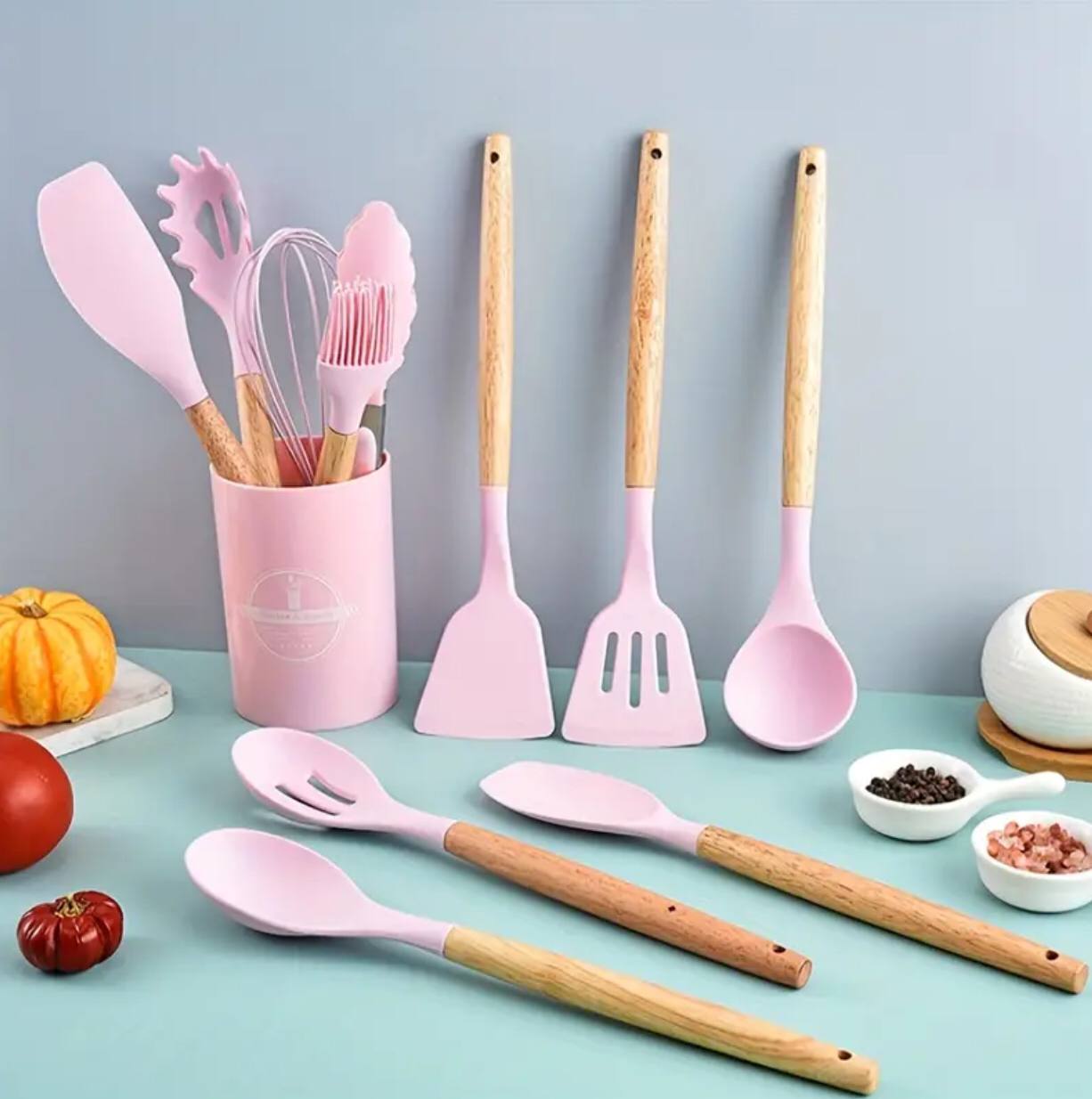 12 Pcs Silicone spoons set with wooden handle