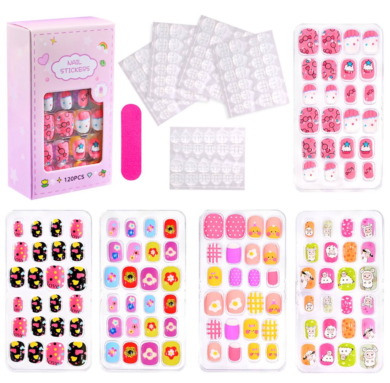 120/24pcs/box Kids Cartoon Pattern Wearing Fake Nails