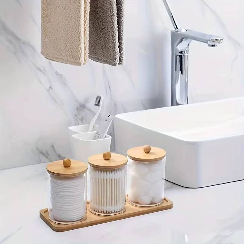 3pcs set acrylic swab storage organizer with Bamboo holder