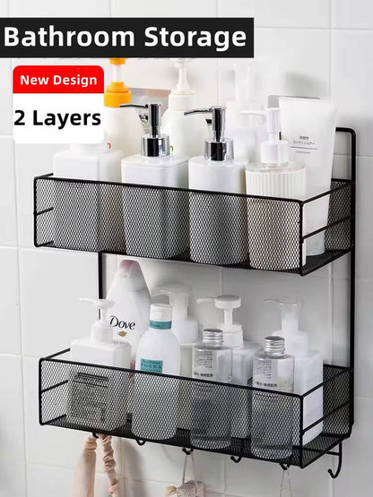 2 layer  wall-mounted  bathroom shelf shower shampoo rack with hooks