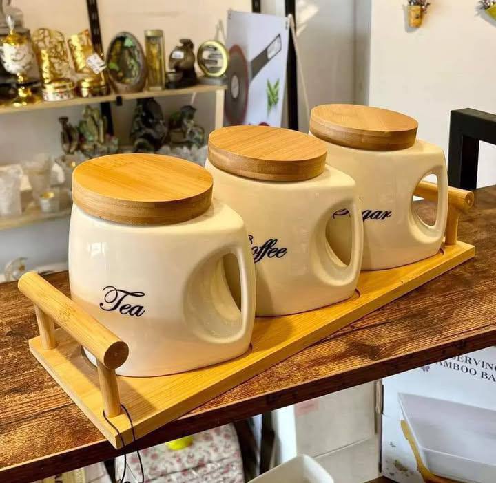 3pcs canisters set with bamboo tray, cute and elegant cans
