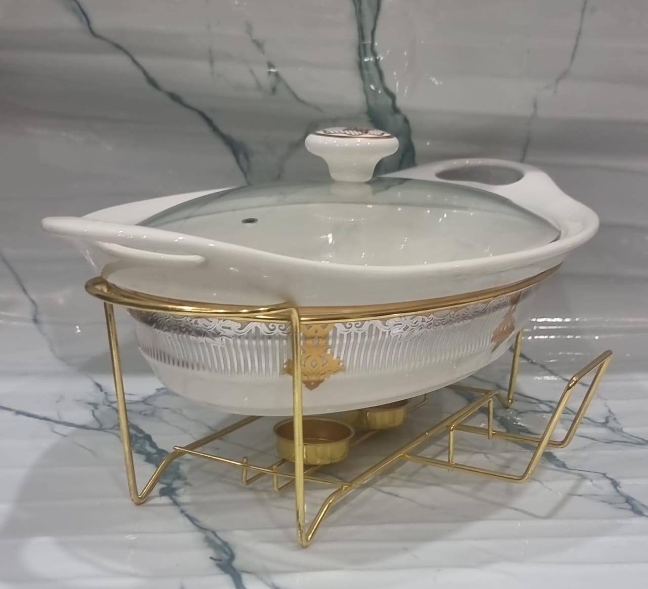 1.5L or 2L single ceramic round chaffing dish + burner and golden stand