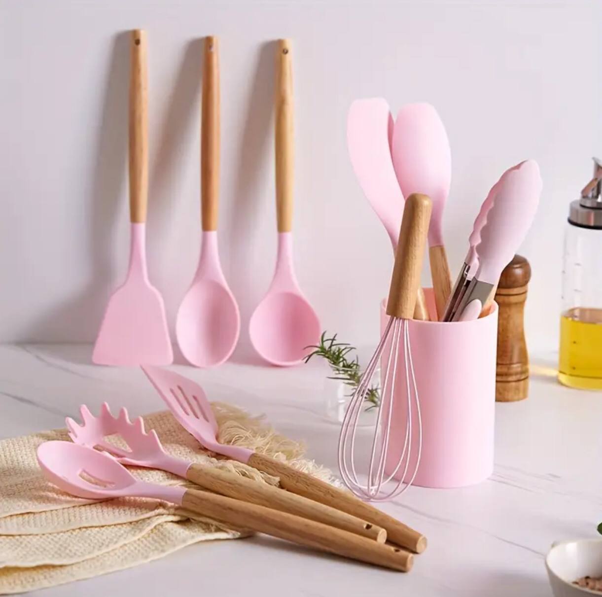 12 Pcs Silicone spoons set with wooden handle