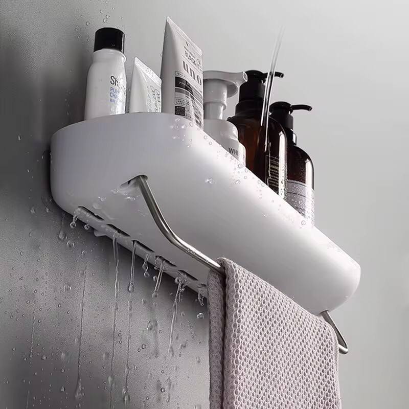 Wall mounted self adhesive shower caddy shelf with towel rail