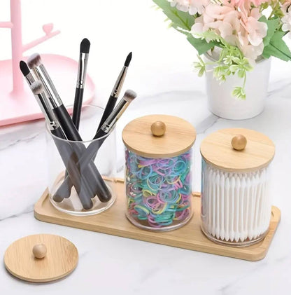 3pcs set acrylic swab storage organizer with Bamboo holder