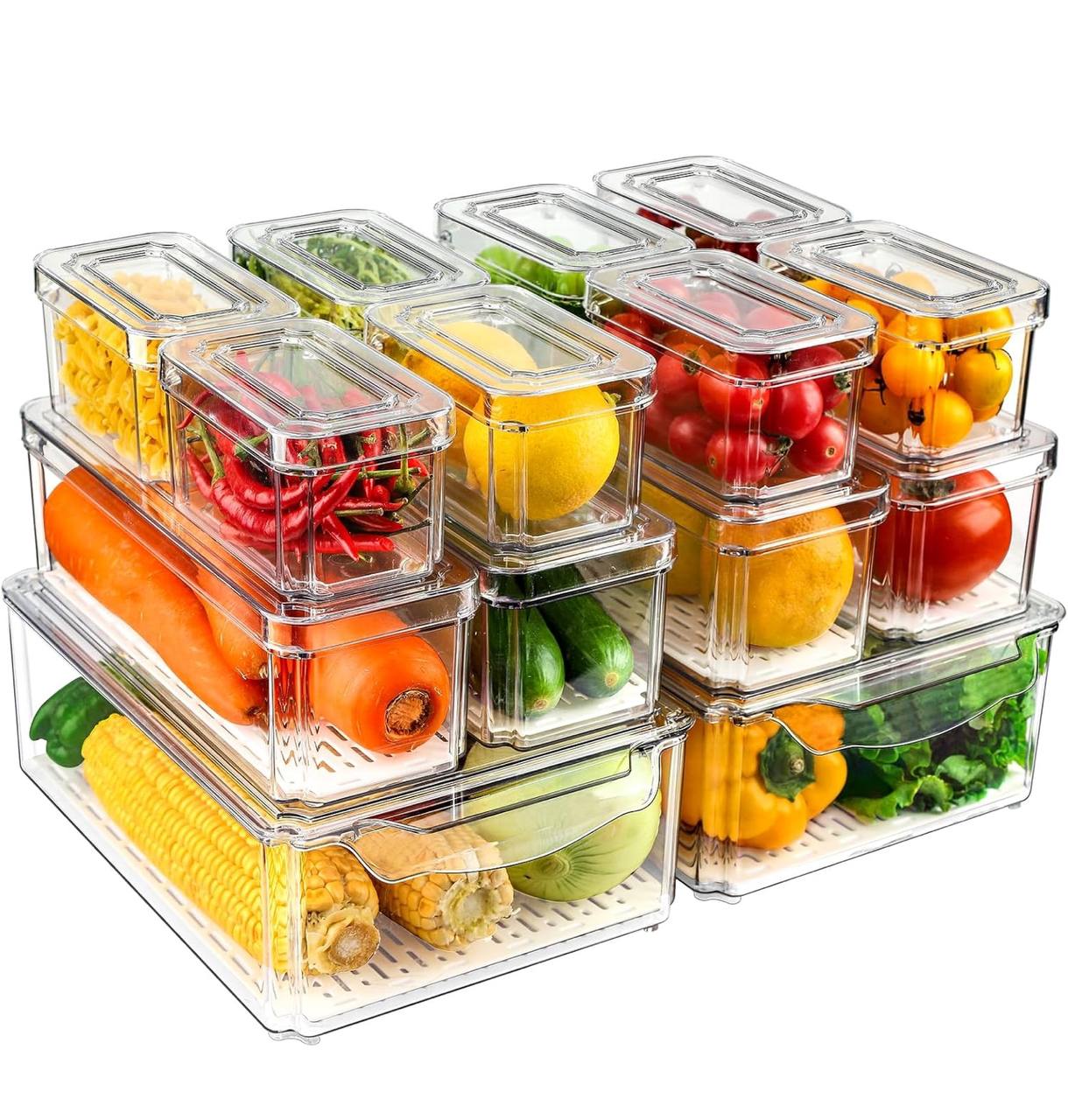 14 pcs BPA-Free Stackable acrylic Fridge Organizer Bins with Lids
