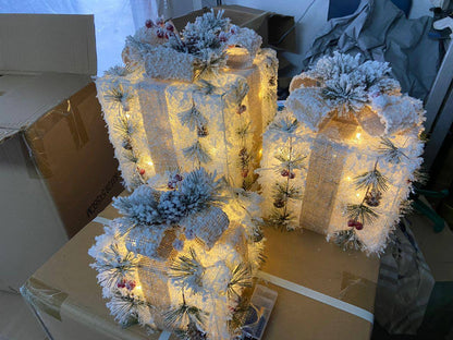 3Pc Set Snow Flocked Christmas Lighted Gift Boxes (Design A) 
 14cm