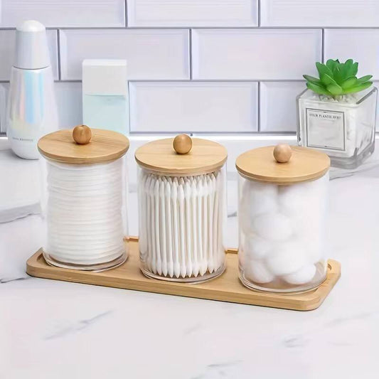 3pcs set acrylic swab storage organizer with Bamboo holder