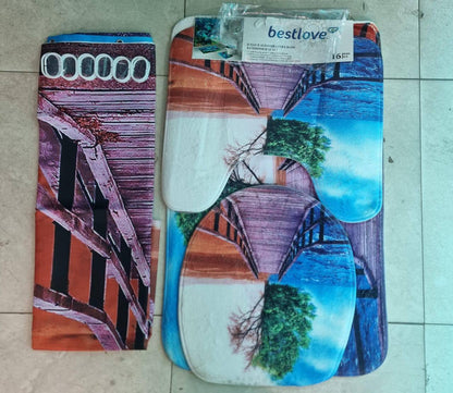 3D 4in1 bathroom woolen mats with a waterproof shower curtain