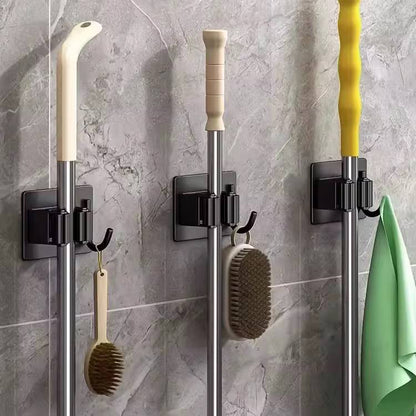 3pc Mop Holder Wall Mounted, Stainless Steel Self Adhesive Mop Broom Holder with Hooks