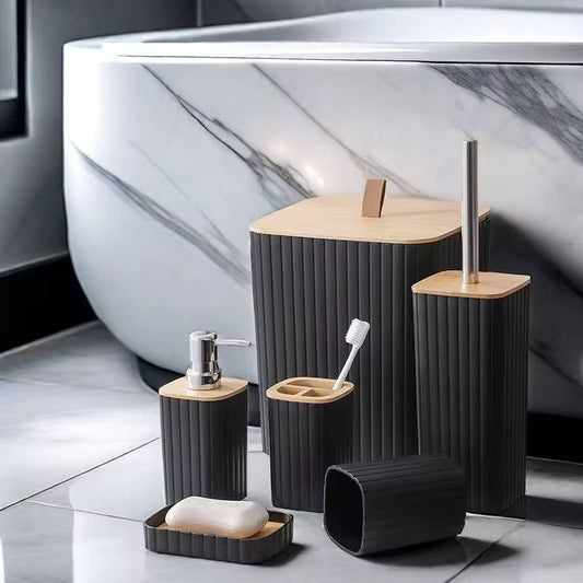 6pcs Eco-Friendly Plastic Bamboo washroom bathroom Accessories set.