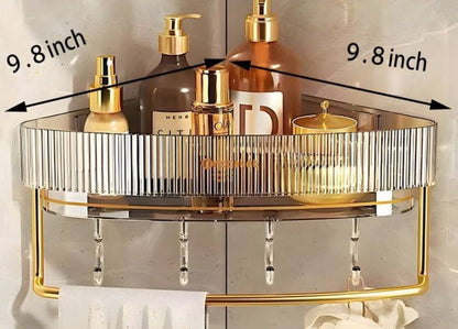 Acrylic Punch Free Bathroom Corner Shelf with towel bar and hooks