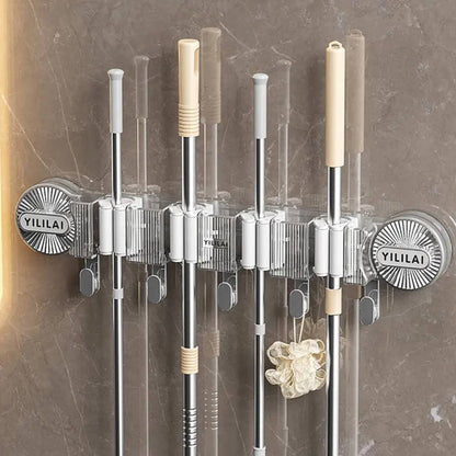 4-Holes Multi-Purpose Hooks Mop Hanger / Rack with  Hanging Hooks & Self adhesive Stickers