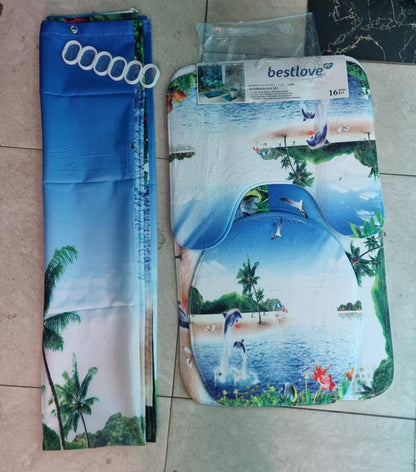 3D 4in1 bathroom woolen mats with a waterproof shower curtain