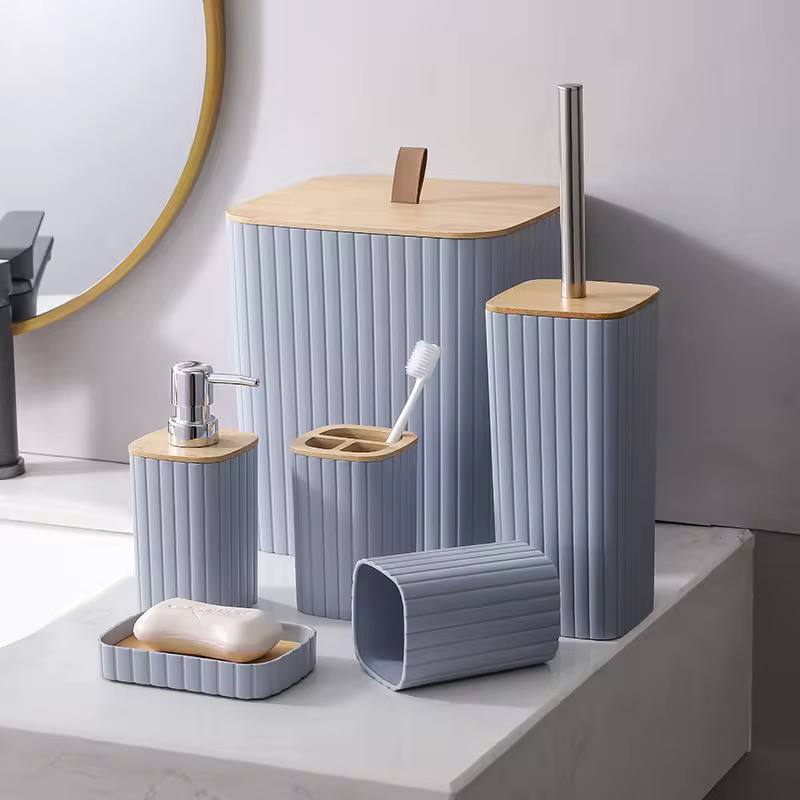 6pcs Eco-Friendly Plastic Bamboo washroom bathroom Accessories set.