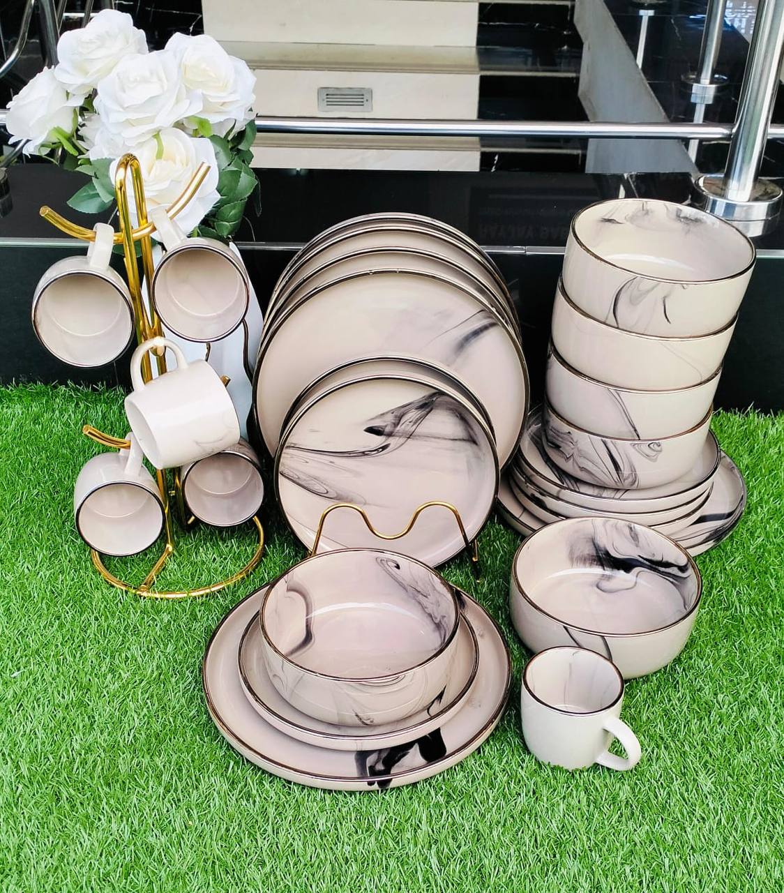 24pcs brown-marble dinner set with gold rim