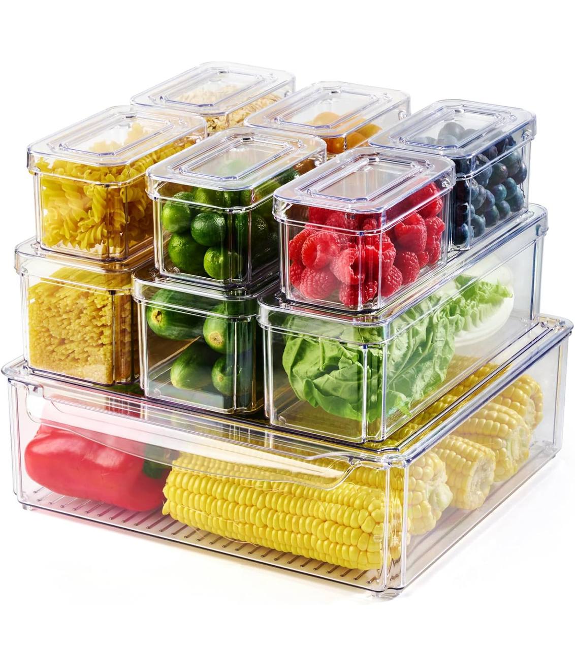 10 pcs BPA-Free Stackable acrylic Fridge Organizer Bins with Lids